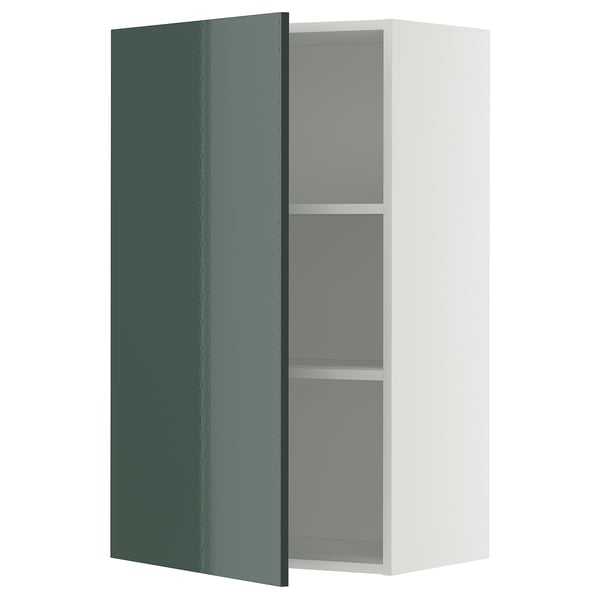 Armoire de cuisine moderne gris verdâtre brillante avec cadre blanc.