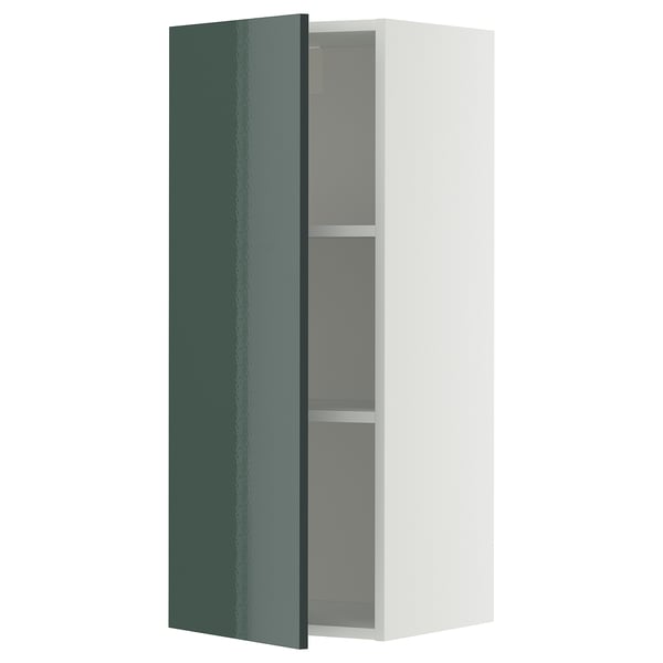 Armoire de cuisine moderne, ikea METOD, porte vert-gris brillant, étagère réglable.