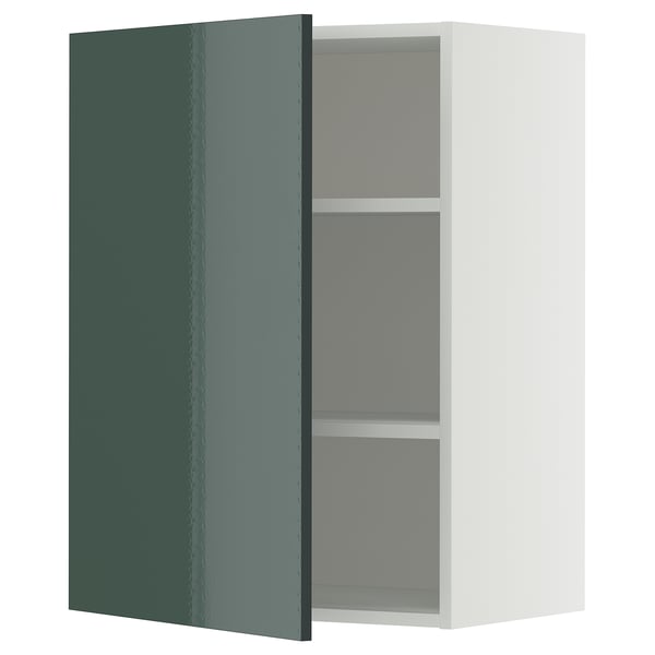 Armoire murale METOD, gris-vert brillant, rectangulaire avec une porte ouverte, avec étagères réglables.