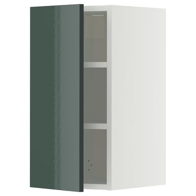 Armoire METOD gris-vert brillant avec étagères, design moderne.