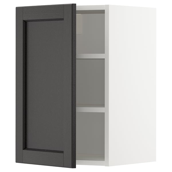 Représente une armoire ouverte en bois gris foncé avec deux étagères. L’armoire a une forme rectangulaire et un design moderne.