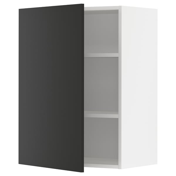 Armoire de cuisine noire et blanche avec deux étagères, design moderne.