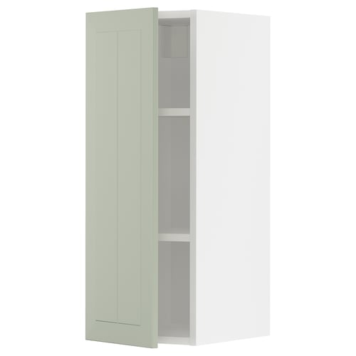 Armoire de cuisine moderne en vert clair avec un design minimaliste, deux étagères et un intérieur blanc.