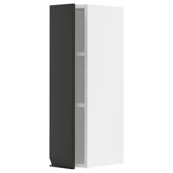 Armoire moderne noire et blanche avec porte noire élégante et étagères intérieures blanches.