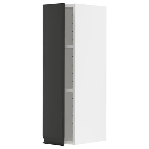 Armoire moderne noire et blanche avec porte noire élégante et étagères intérieures blanches.