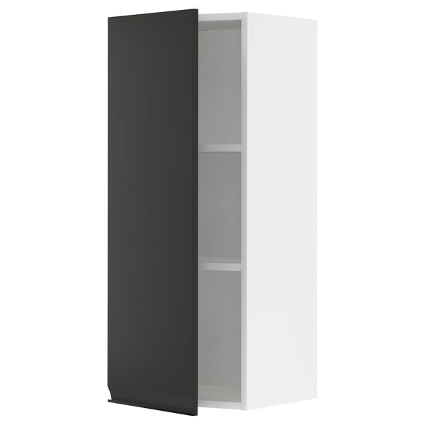 Armoire blanche moderne avec porte noire, ouverte sur deux étagères. Design élégant et minimaliste.