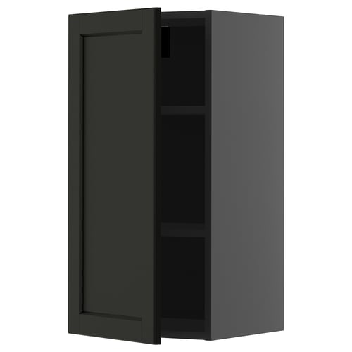 Armoire de cuisine noire moderne avec une étagère réglable, murale, de forme carrée, design minimaliste.