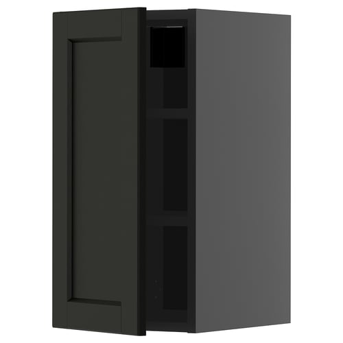 Armoire de cuisine en bois teinté noir METOD avec étagères réglables.