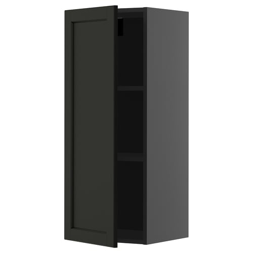 Armoire de cuisine murale noire, système METOD, forme rectangulaire, une porte ouverte, étagère réglable.