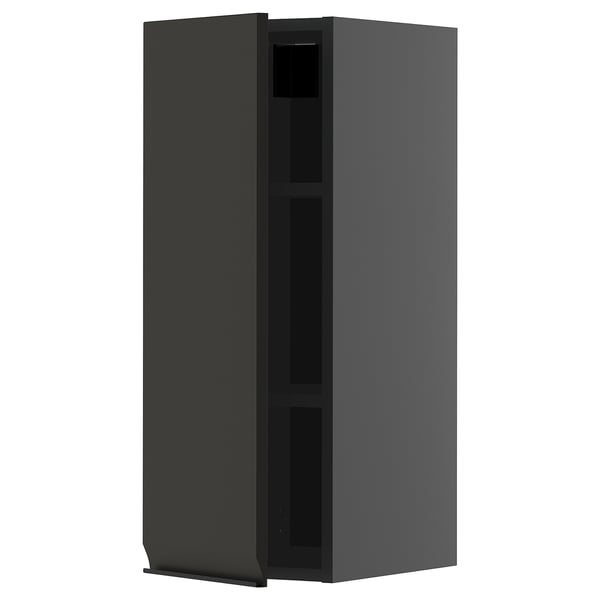 Affiche une armoire de cuisine moderne gris foncé avec un design minimaliste et sans poignées visibles.
