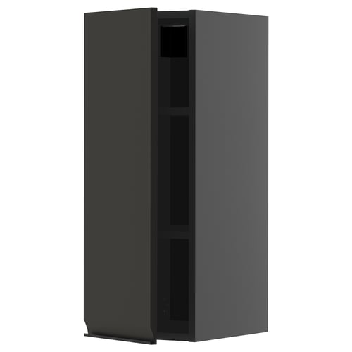 Affiche une armoire de cuisine moderne gris foncé avec un design minimaliste et sans poignées visibles.