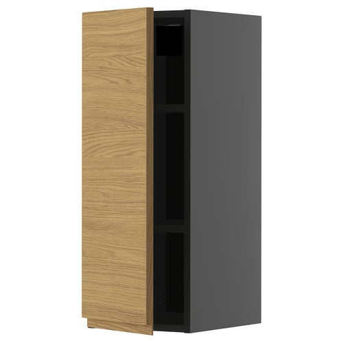 Armoire de cuisine moderne avec porte en bois de chêne, cadre noir, forme rectangulaire et design minimaliste.