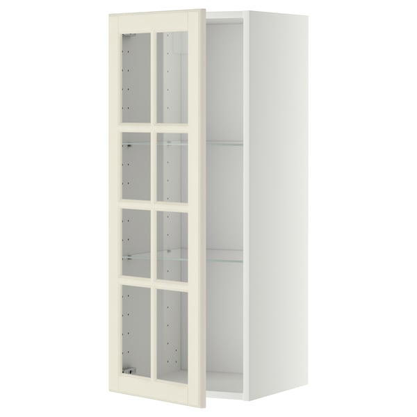 Armoire de cuisine METOD blanche avec portes vitrées, étagères réglables.