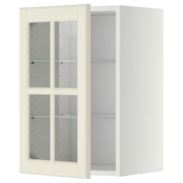 Armoire METOD blanche avec porte vitrée, trois étagères.