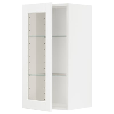 Armoire de cuisine METOD blanche avec porte vitrée et étagère réglable.