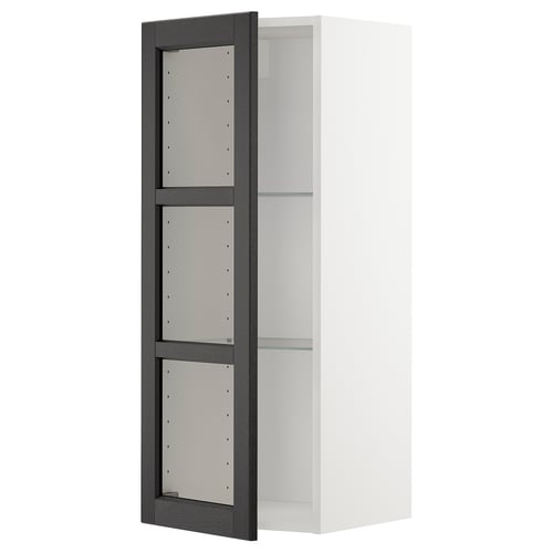 Armoire de cuisine METOD blanche avec cadre teinté noir et étagères en verre.