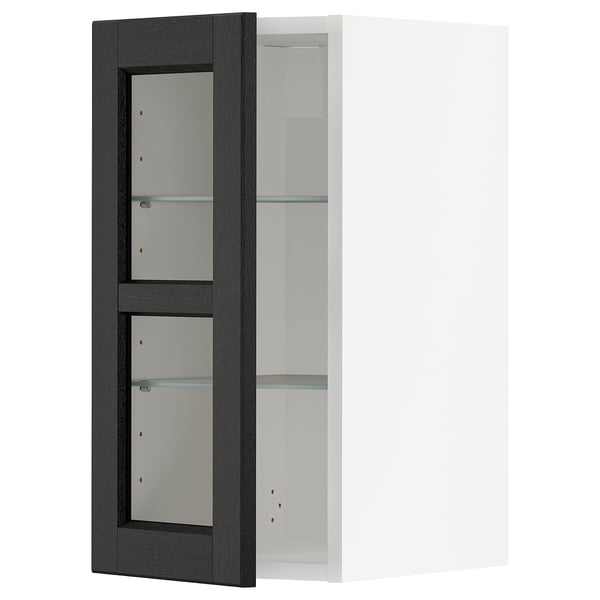 Armoire ouverte en bois noir avec étagères en verre.