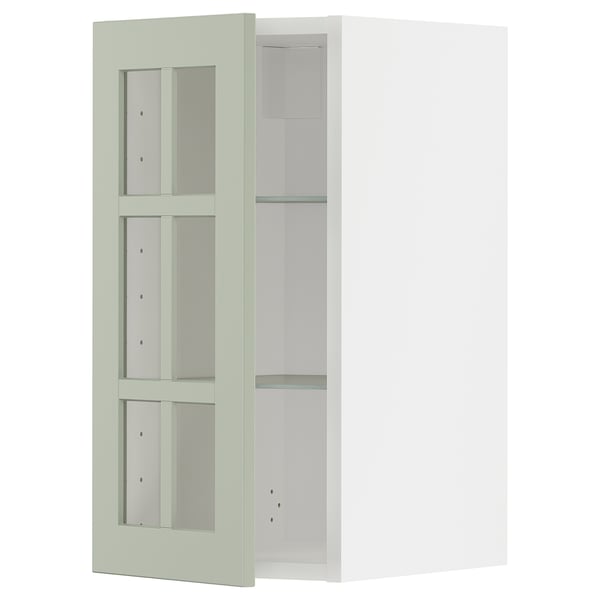Armoire de cuisine METOD avec 3 portes en verre vert, étagères réglables, montage à gauche ou à droite.