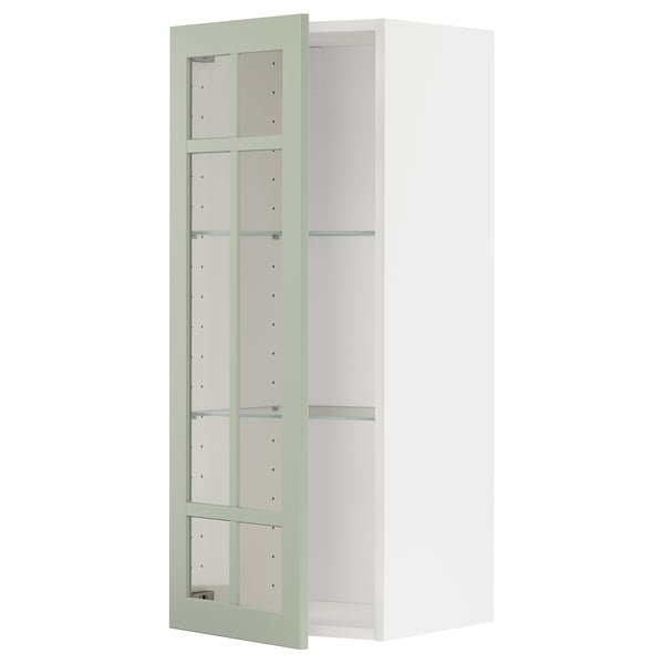 Armoire murale METOD avec porte en verre vert, carrée façonnée avec étagère réglable.