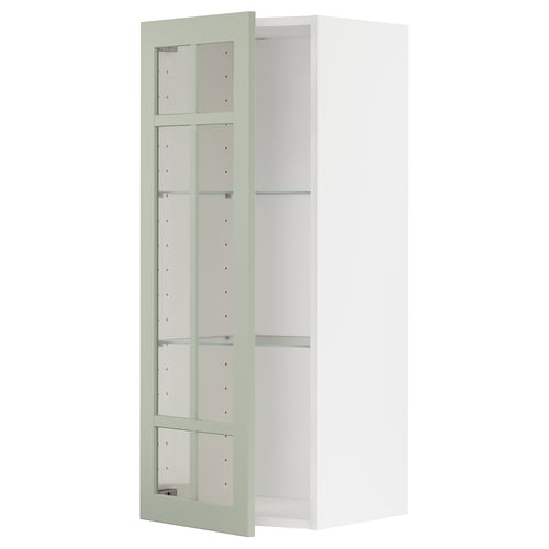 Armoire murale METOD avec porte en verre vert, carrée façonnée avec étagère réglable.