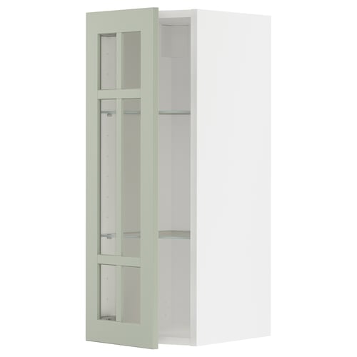 Armoire de cuisine METOD avec portes en verre vert stenund, cadre blanc, rectangulaire, design moderne.