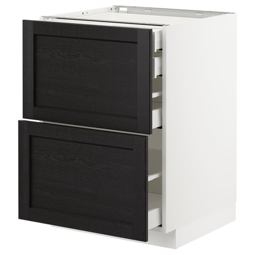 Armoire de cuisine blanche moderne avec tiroirs en bois foncé s’ouvrent, révélant un rangement organisé.
