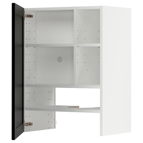 Une armoire METOD ouverte et blanche avec des étagères réglables, en panneaux de particules. Il a un design simple et rectangulaire.