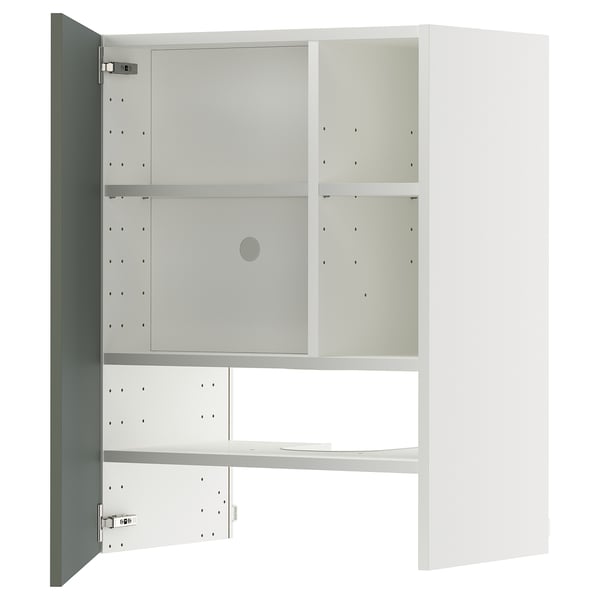 Armoire blanche ouverte avec porte gris-vert, charnières métalliques, étagères réglables.