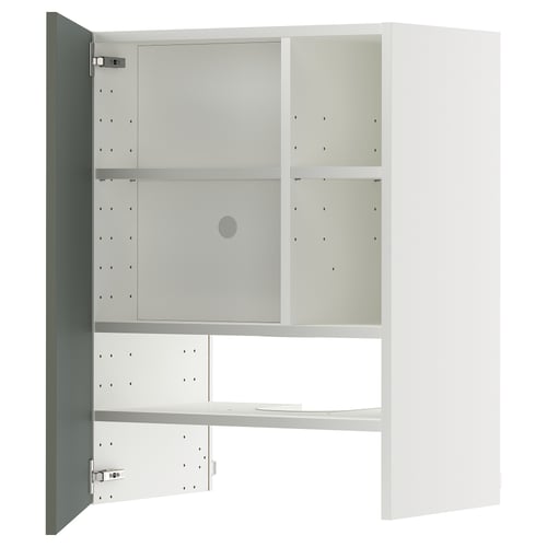 Armoire blanche ouverte avec porte gris-vert, charnières métalliques, étagères réglables.