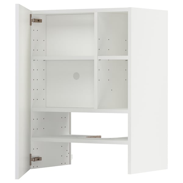 Armoire de cuisine moderne blanche, finition brillante, forme carrée avec étagères réglables, design minimaliste.