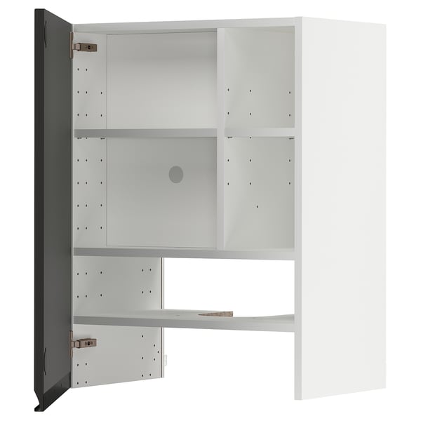 Armoire blanche ouverte avec porte noire, design moderne, étagères réglables.
