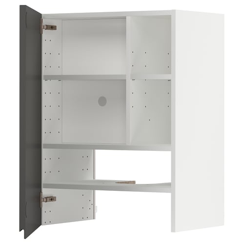 Une armoire de cuisine METOD blanche avec des portes grises, dotée d’une étagère réglable et de charnières à encliquetage.