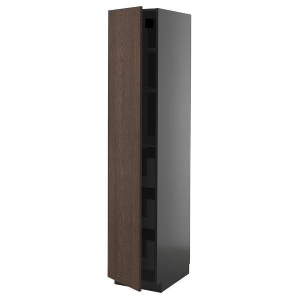 Armoire de cuisine grise avec porte brune, tiroir en verre.