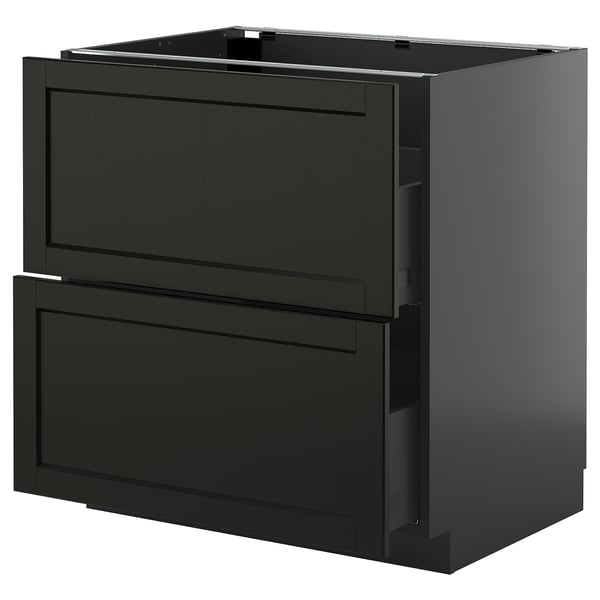 Armoire de cuisine METOD en frêne teinté noir avec tiroirs biseautés.