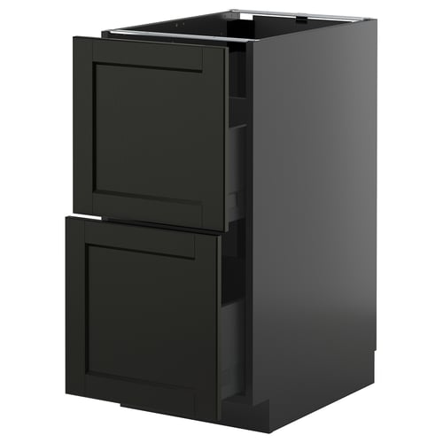 Armoire de cuisine en bois teinté noir avec deux tiroirs et une grande porte.