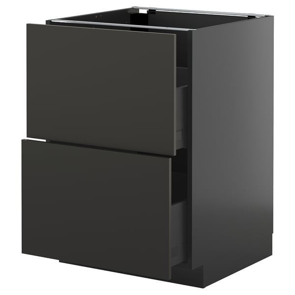 Un meuble de cuisine ikea METOD en noir mat avec deux tiroirs. Il s’agit d’un design moderne et élégant avec un cadre robuste et des tiroirs faciles à utiliser.