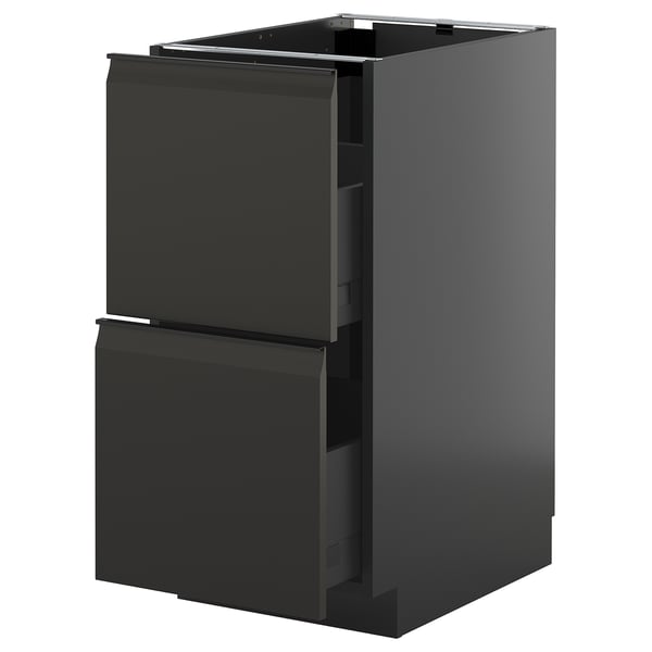 Armoire de cuisine moderne noire avec deux tiroirs, design élégant, finition brillante.