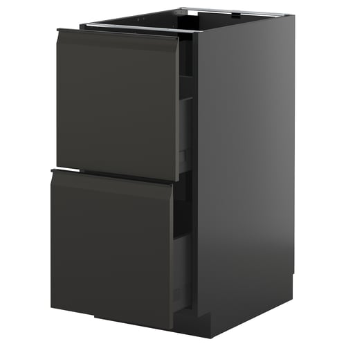 Armoire de cuisine moderne noire avec deux tiroirs, design élégant, finition brillante.