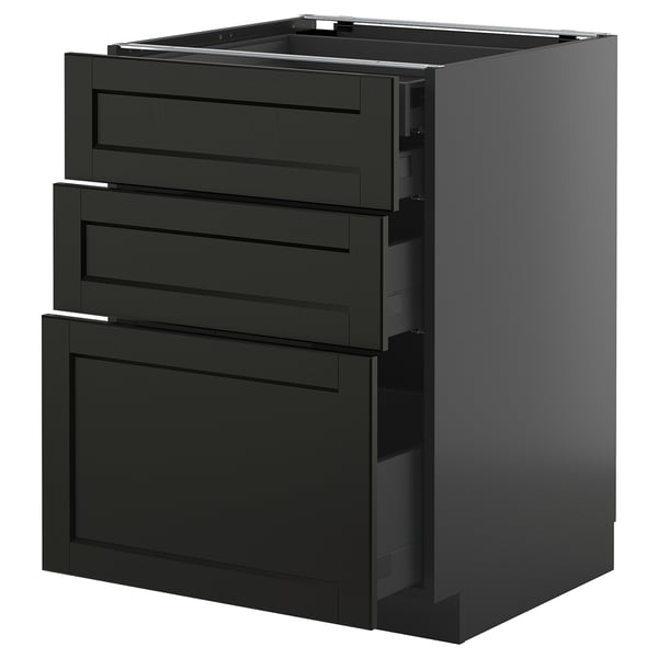 Armoire de cuisine noire moderne avec trois tiroirs, design élégant, poignées métalliques.
