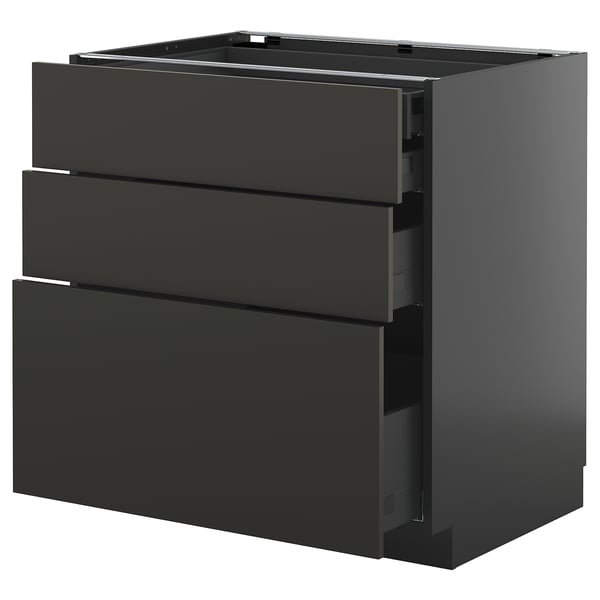 Meuble de cuisine moderne noir METOD avec trois tiroirs.