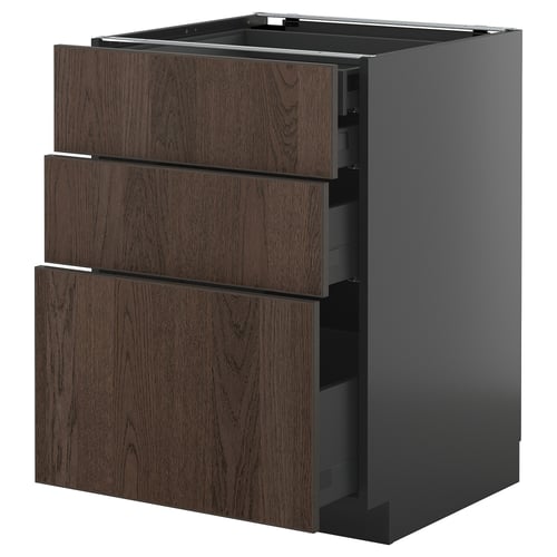 Unité de cuisine moderne avec des tiroirs en bois brun foncé et des bords élégants.