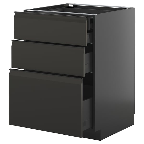 Armoire de cuisine noire moderne avec trois tiroirs, des poignées élégantes et une finition brillante.
