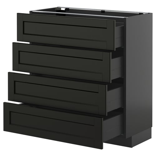 Meuble de cuisine ikea METOD noir avec 4 tiroirs en bois foncé.