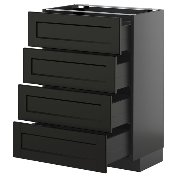 Armoire de cuisine noire moderne avec quatre tiroirs coulissants, design élégant, style traditionnel.