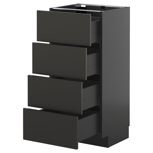 Armoire de cuisine moderne noire METOD avec quatre tiroirs ouverts.