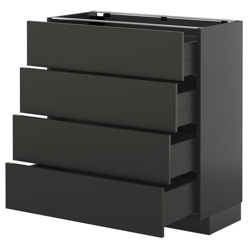 Armoire de cuisine noire avec quatre tiroirs ouverts. Design moderne et épuré. Finition foncée. Fait partie du système de cuisine METOD.