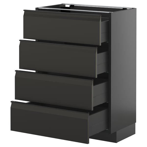 Unité de cuisine moderne noire avec quatre tiroirs. Design élégant et minimaliste en noir mat avec poignées intégrées.