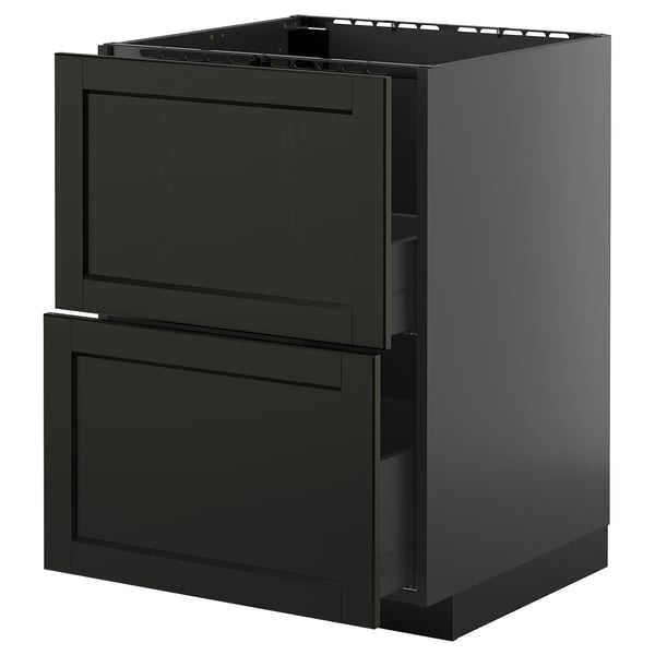Armoire de cuisine en bois noir avec deux grands tiroirs, design moderne.