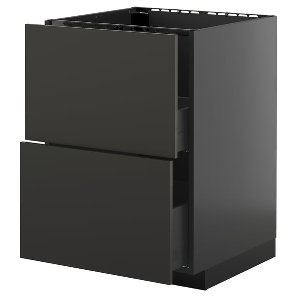 Armoire de cuisine moderne noire avec deux tiroirs, un design élégant, des panneaux de particules robustes et des rails métalliques.