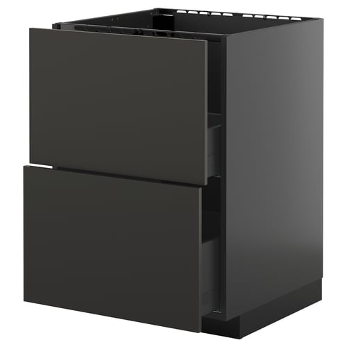 Armoire de cuisine moderne noire avec deux tiroirs, un design élégant, des panneaux de particules robustes et des rails métalliques.